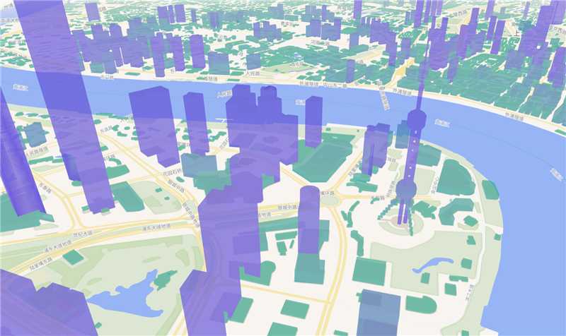 倾斜视角下的紫色三维建筑、河道与道路地图