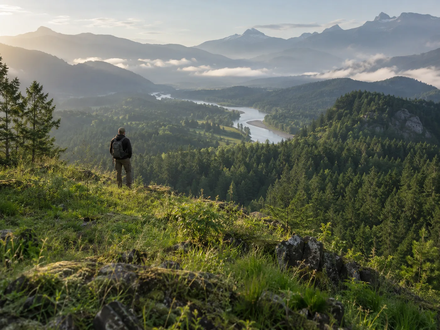 A field surveyor overlooking a forest and river valley from a ridge
